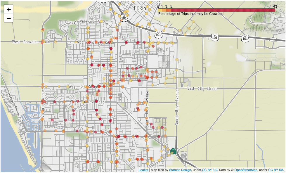 A map showing transit stops, color-coded by the level of crowding observed at each stop.