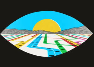 Still from Transit & Traffic video of "eye" graphic opening up on transit lines with sun and mountains in background