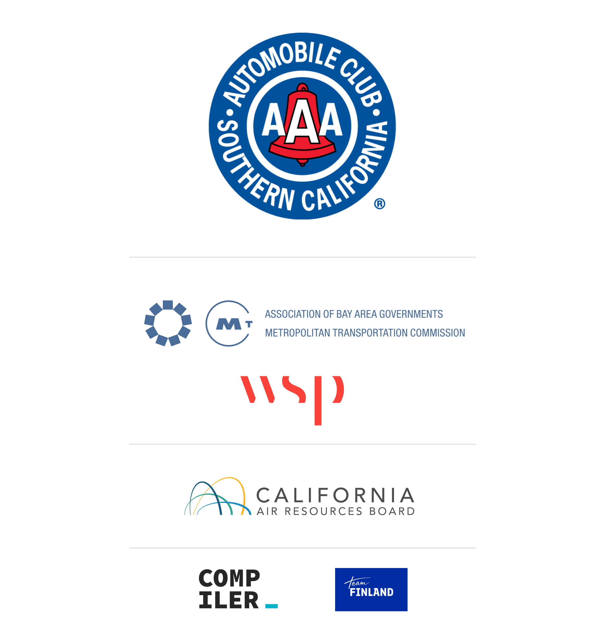 2026 sponsor graphic_1 Automotive Club of Southern California, Association of Bay Area Governments and Metropolitan Transportation Commission, WSP, California Air Resources Board, Compiler, Team Finland