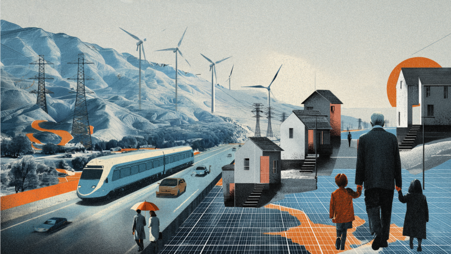 A stylized cityscape with wind turbines and homes on hills, train and vehicles. In the foreground, man walks hand-in-hand with two children.